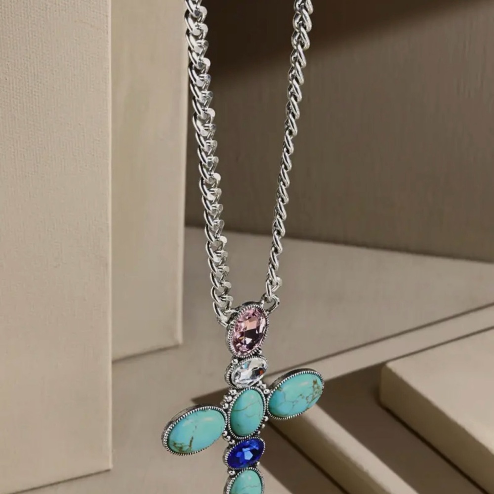 Cross Turquoise and Silver Pendant Necklace NWT - Picture 8 of 9